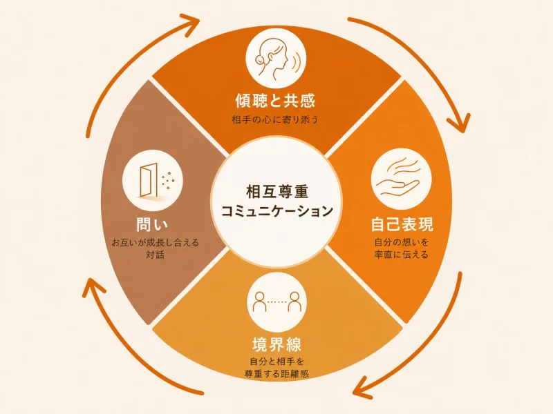 相互尊重コミュニケーションの4つの原則（傾聴と共感・自己表現・境界線・問い）を示す円環図